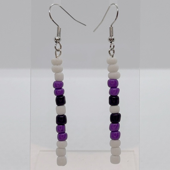 Beaded Dangle Earrings White, Purple and Black - Picture 1 of 4